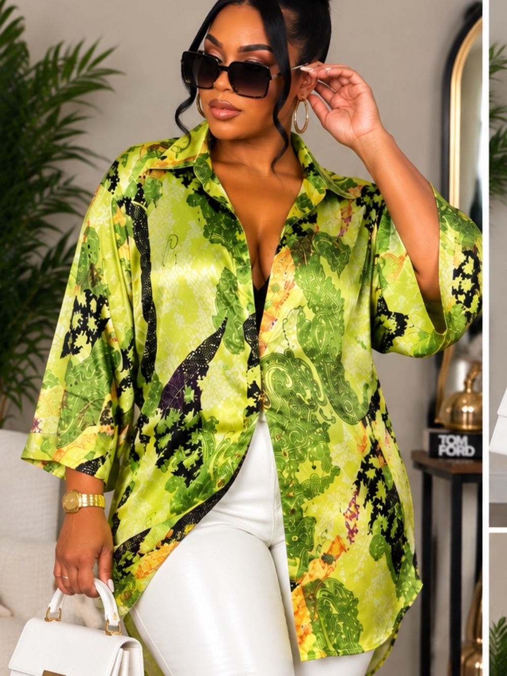 Green Paisley Satin Like Button-Front Blouse - Women